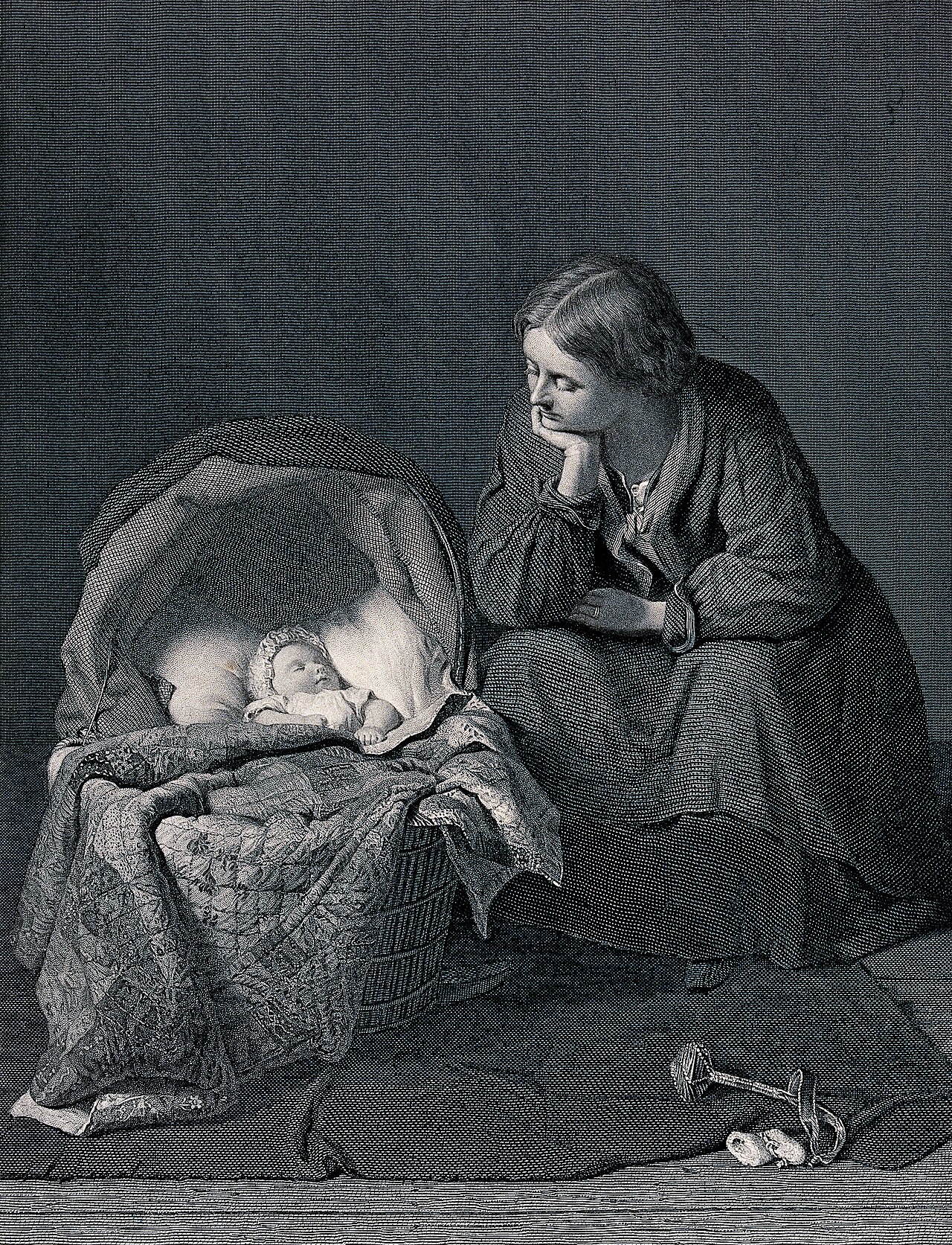 A baby sleeping safely on its back in a cot