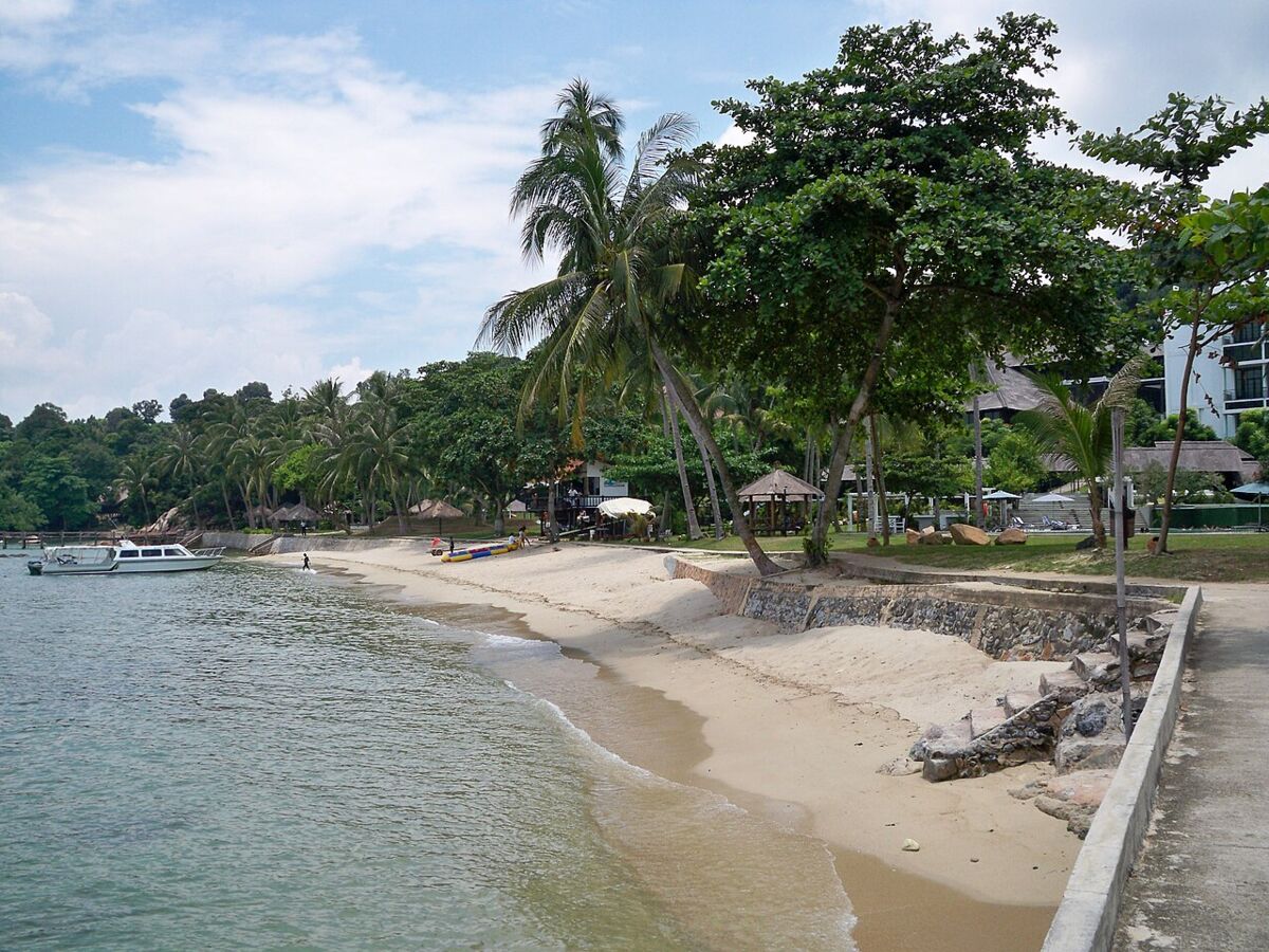 Sandy beach lined with palm trees and a moored boat at Turi Beach Resort, Batam