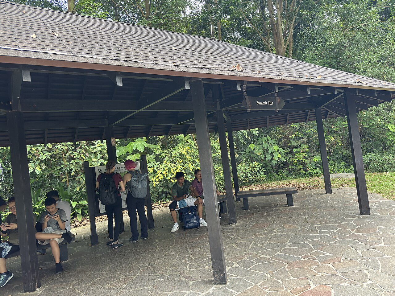 Summit marker stone at the top of Bukit Timah Hill surrounded by greenery and a tall mast