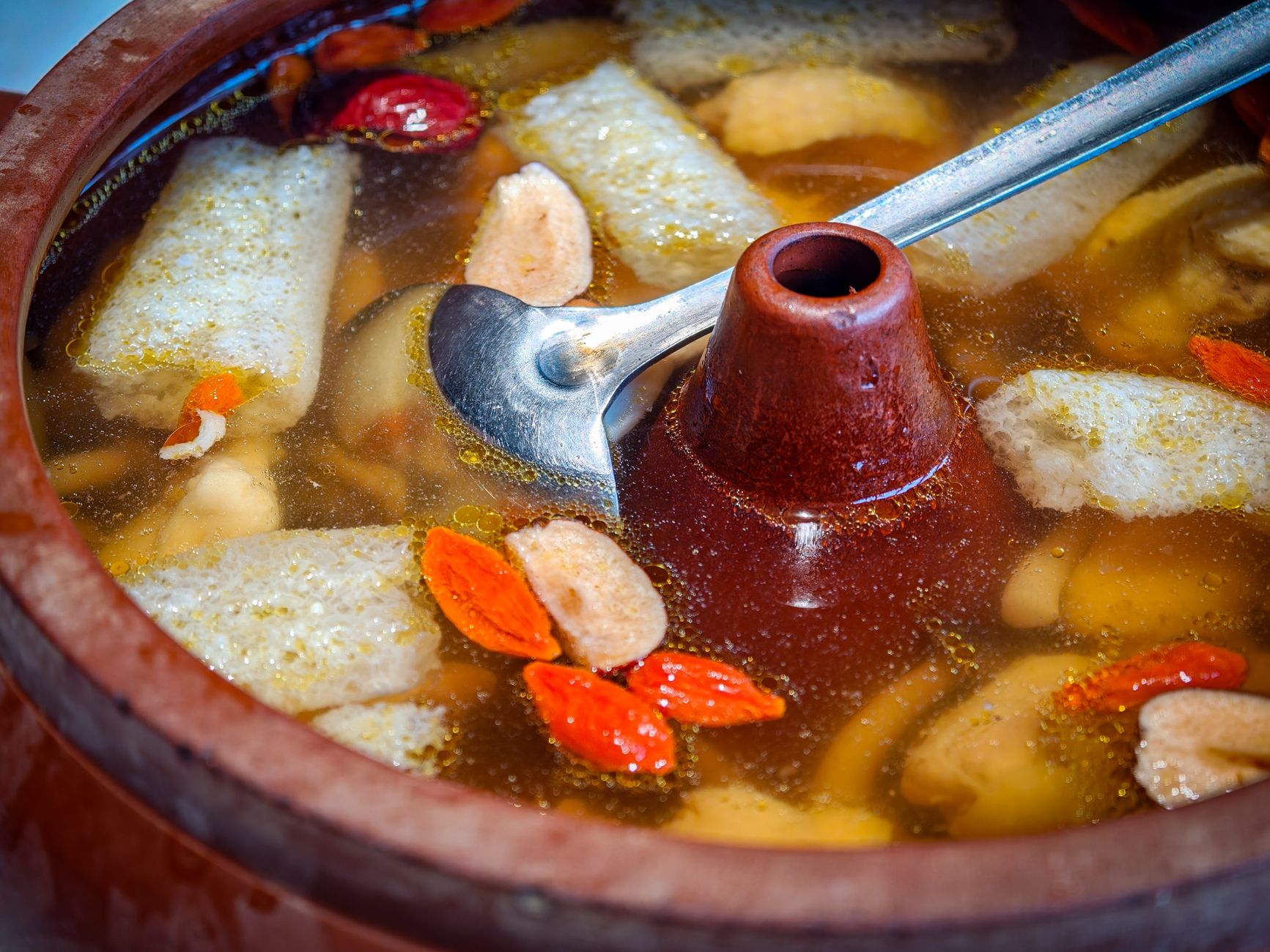 Delicious traditional Chinese hot pot with goji berries and mushrooms in clay pot.