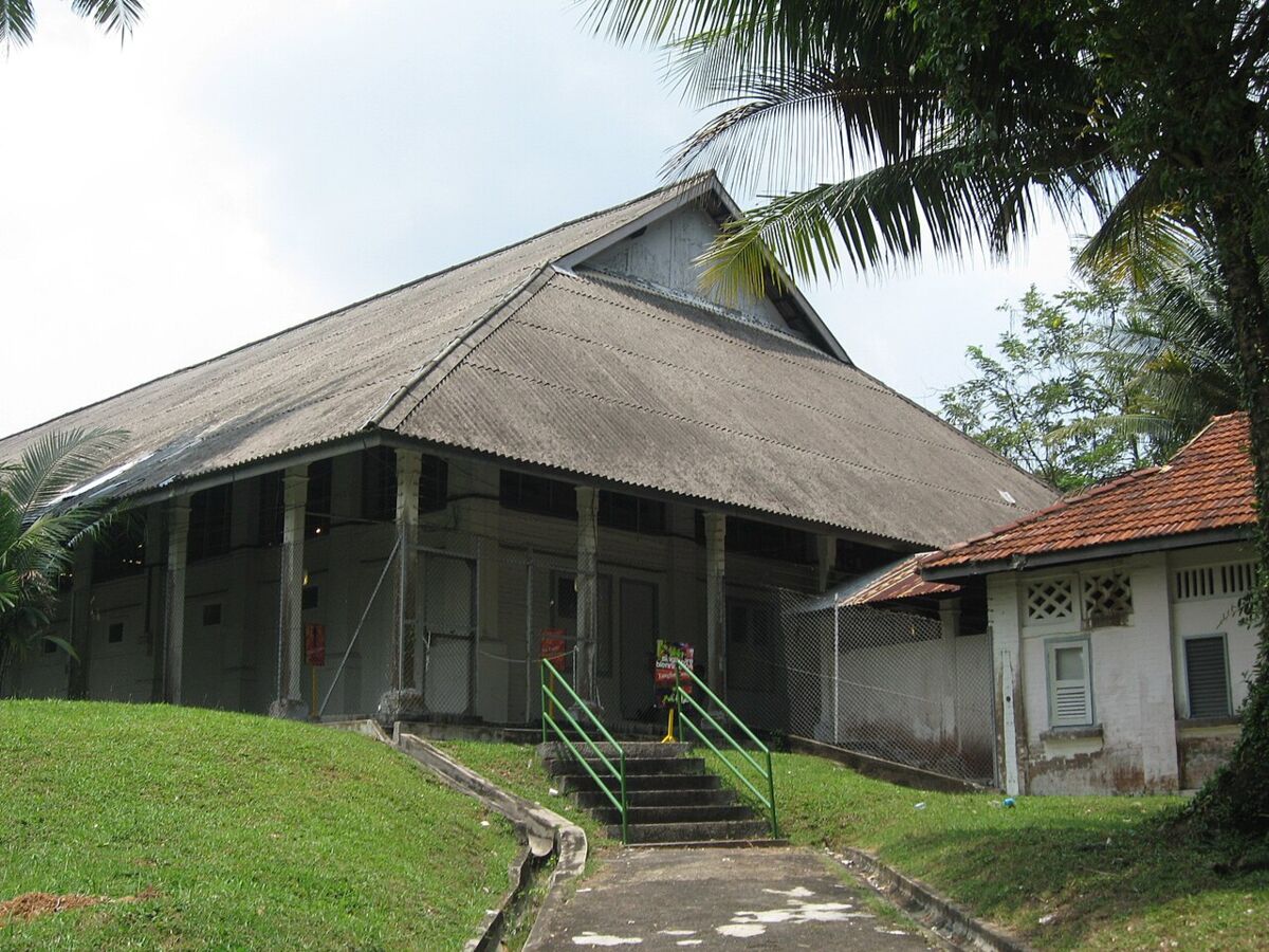 A former barracks building with a wide pitched roof on a grassy slope, reached by steps, at Tanglin Village, Dempsey Hill