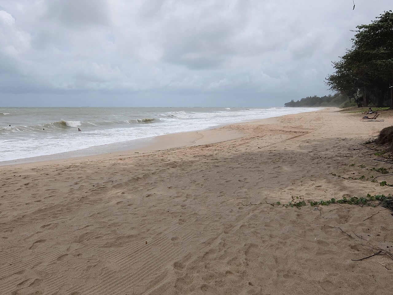 Wide open stretch of Desaru Beach with rolling waves, a sun lounger and casuarina trees along the shore