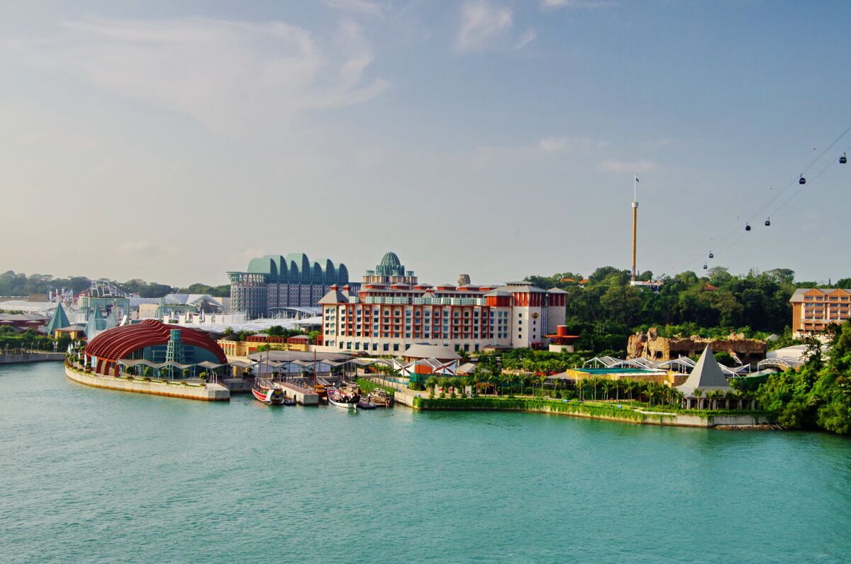 Resorts World Sentosa seen across the water from the Singapore Cruise Centre at HarbourFront