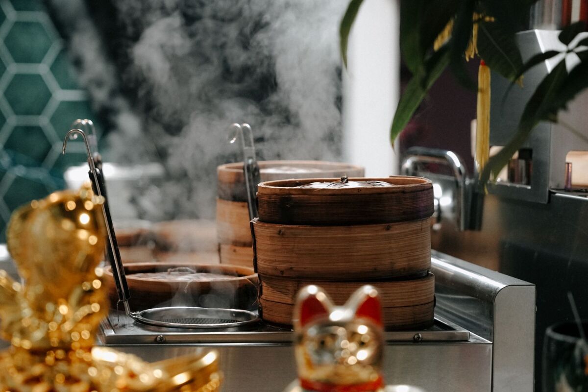 Close-up of steaming bamboo baskets in an Asian restaurant in Amsterdam.