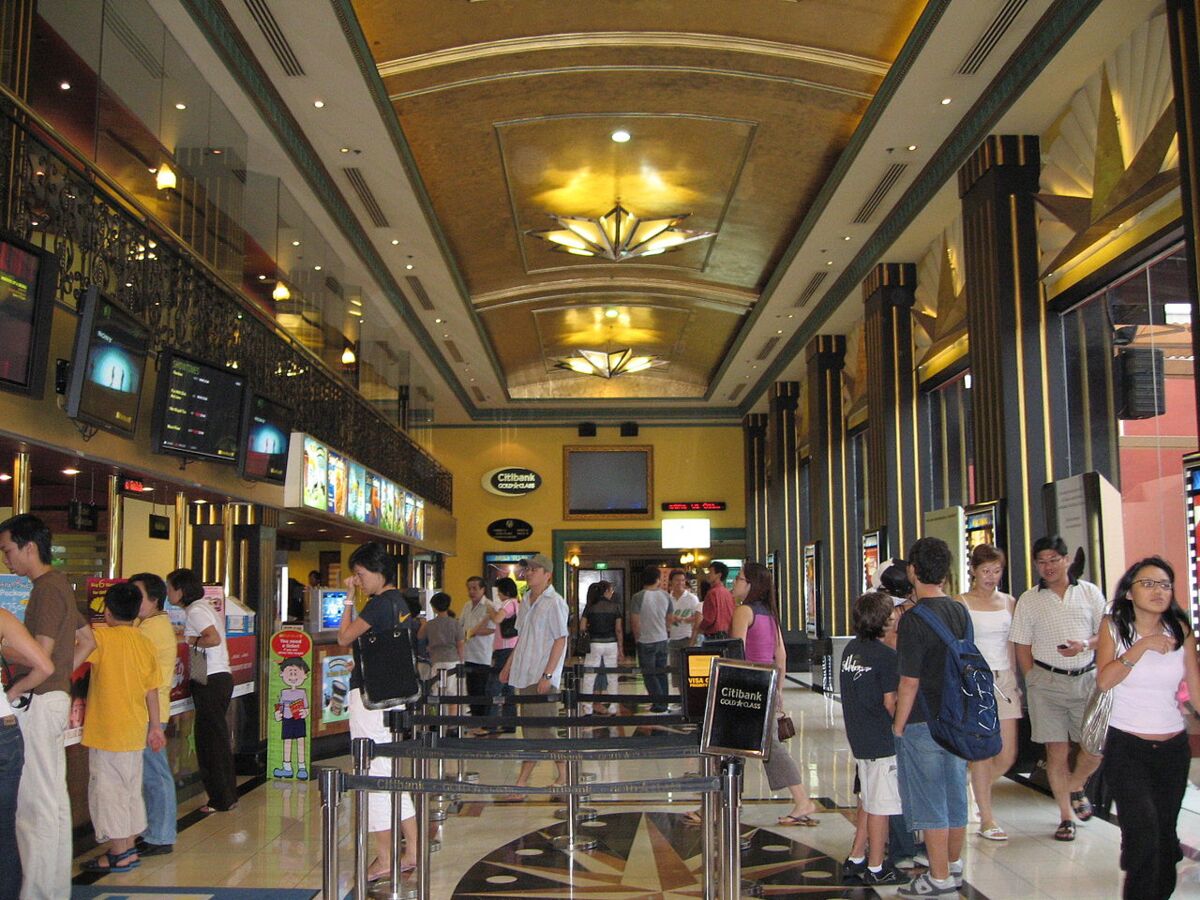 Cinema lobby with moviegoers queuing inside Great World City, Singapore