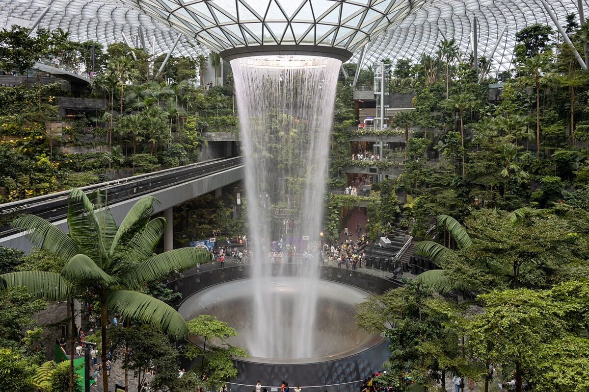 The column of the Rain Vortex waterfall framed by palms and lush greenery of the Shiseido Forest Valley at Jewel Changi Airport