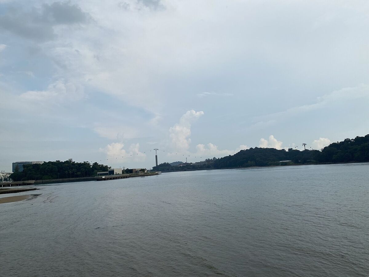 Wide sea view from Labrador Nature Reserve looking across the water to forested headlands and the Sentosa cable car line