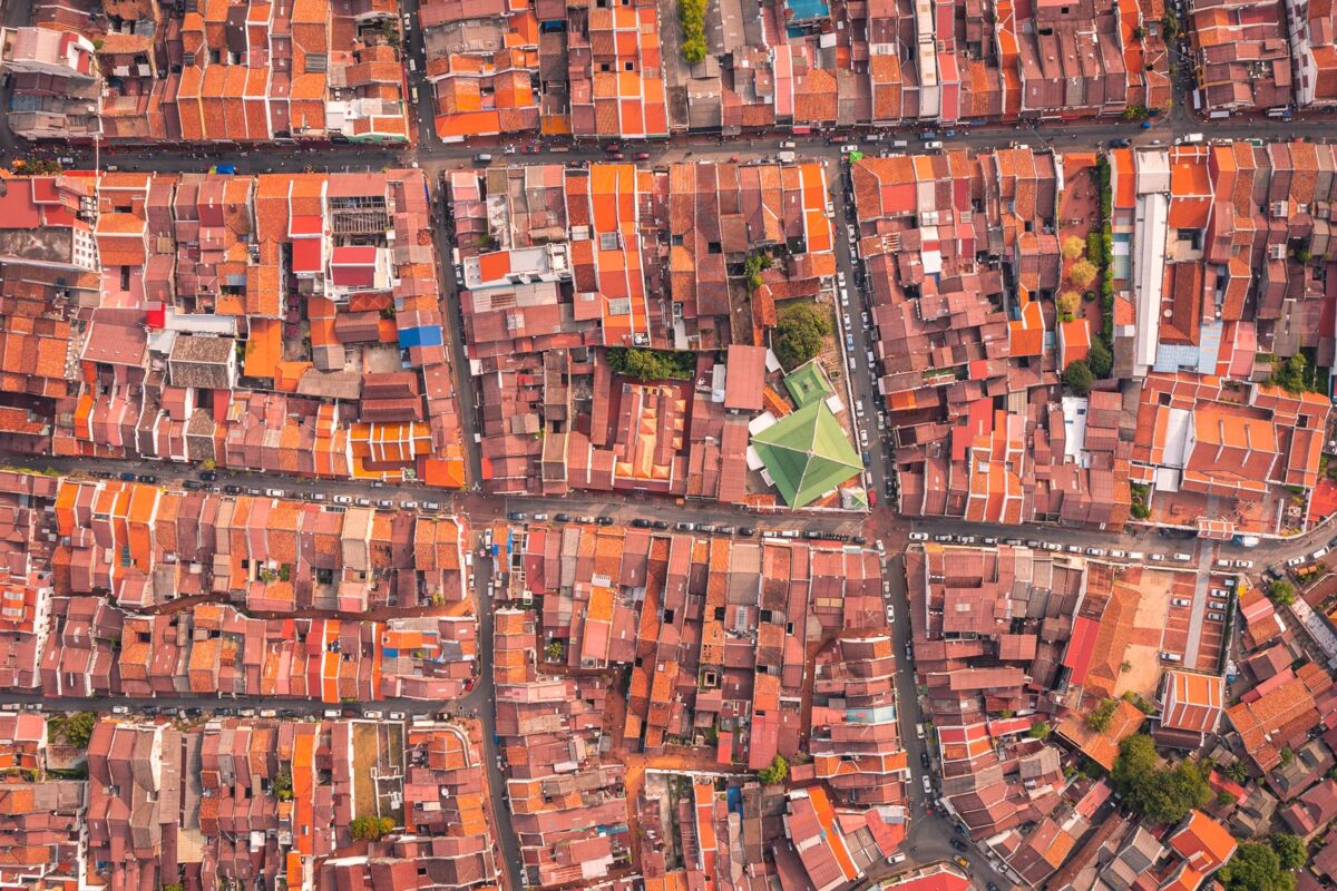 Stunning aerial image showcasing the vibrant traditional rooftops in Malacca, Malaysia.
