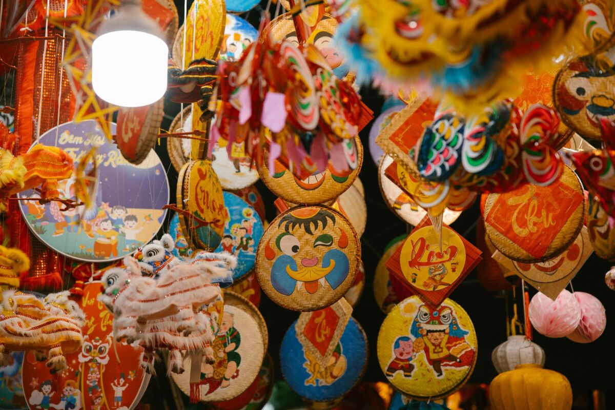 Vibrant lanterns and decorations for Vietnamese Mid-Autumn Festival celebration at night.