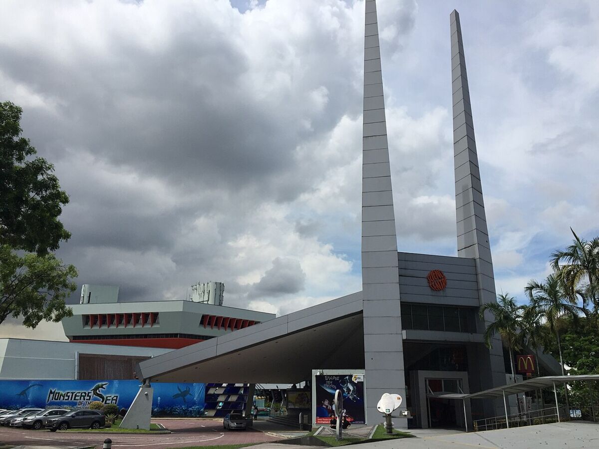 Twin spires and covered entrance driveway of Science Centre Singapore, home of the Omni-Theatre