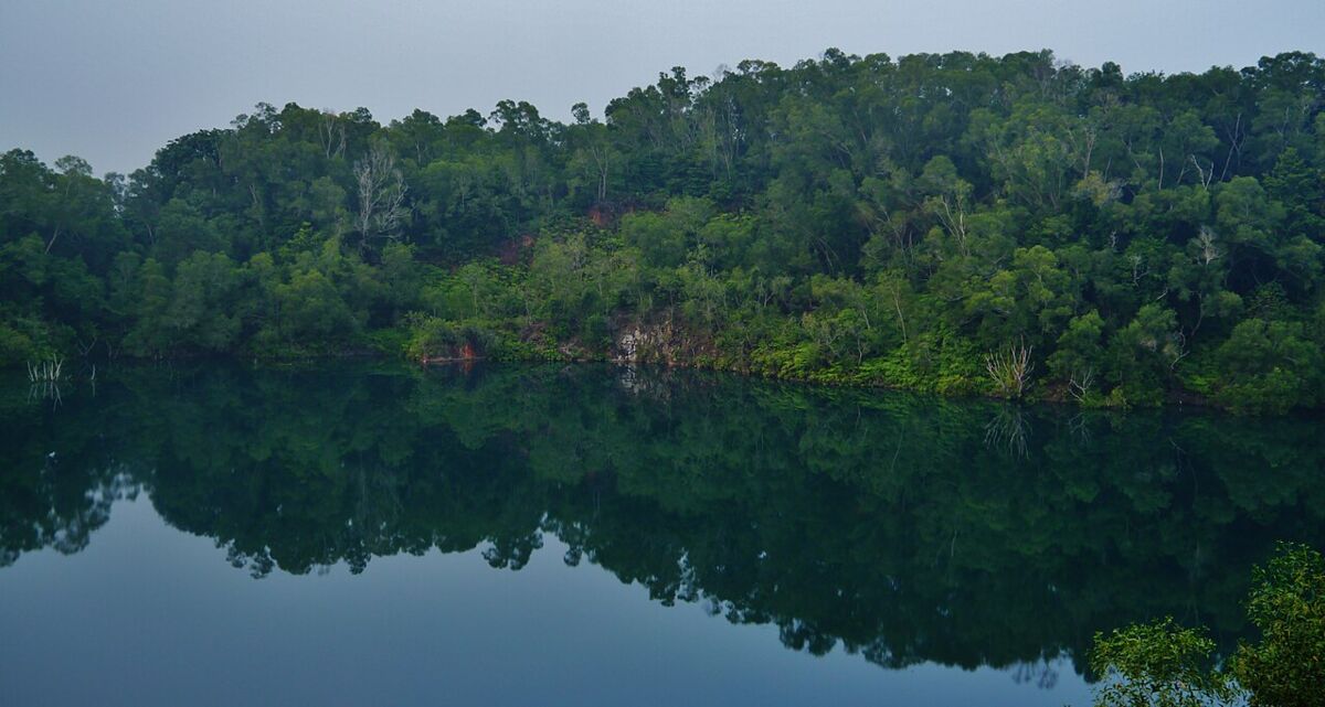 Still water of a former quarry at Pulau Ubin reflecting the surrounding forested cliffs