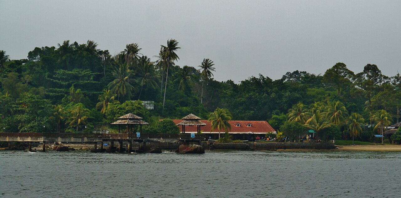 Tile-roofed village buildings and palm trees along the Pulau Ubin waterfront seen from a boat