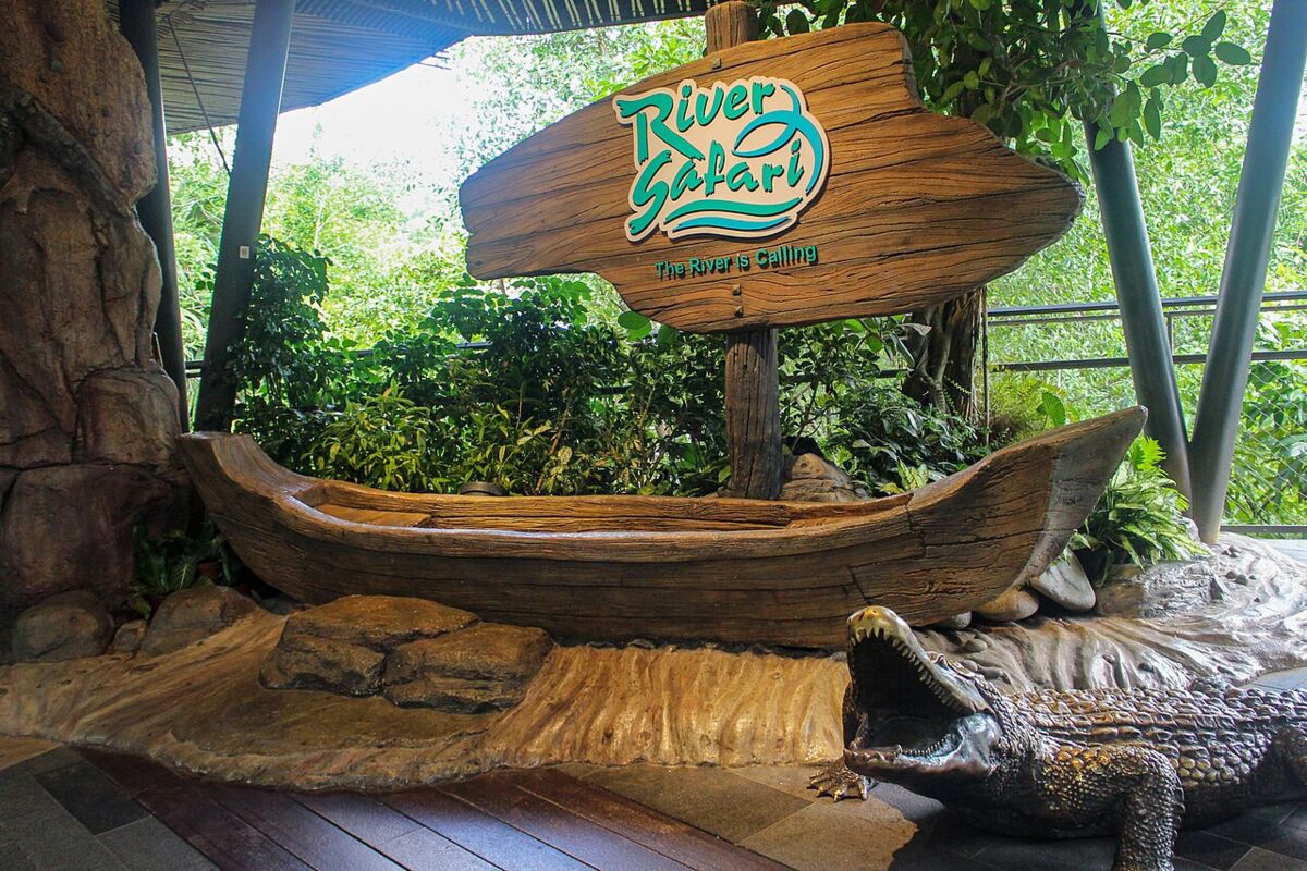 Carved wooden boat display beneath the River Safari sign in a lush indoor jungle setting at River Wonders, Singapore