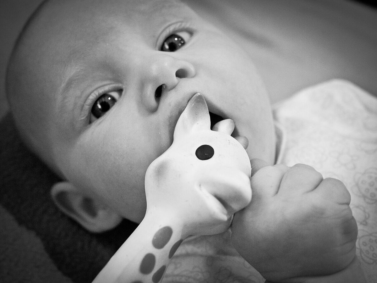 A baby chewing on a teether