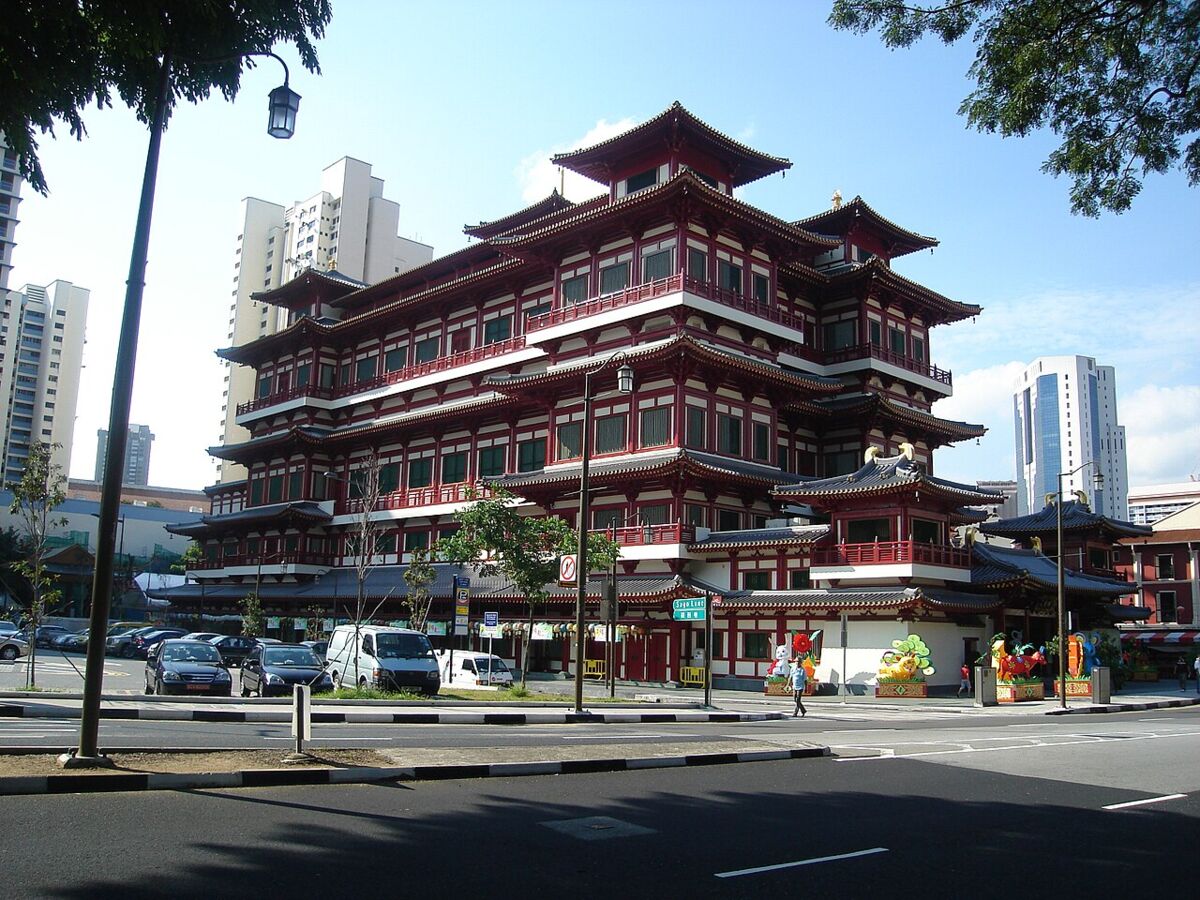 Full street-corner view of the multi-tiered Buddha Tooth Relic Temple building in Chinatown under a blue sky