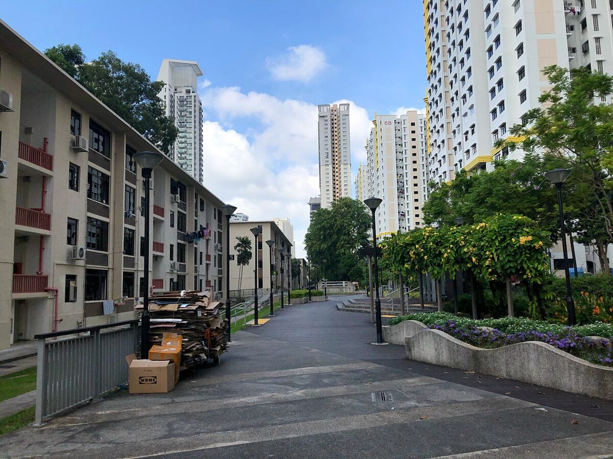 Tree-lined walkway past low-rise heritage SIT flats with newer high-rise towers behind in Tiong Bahru