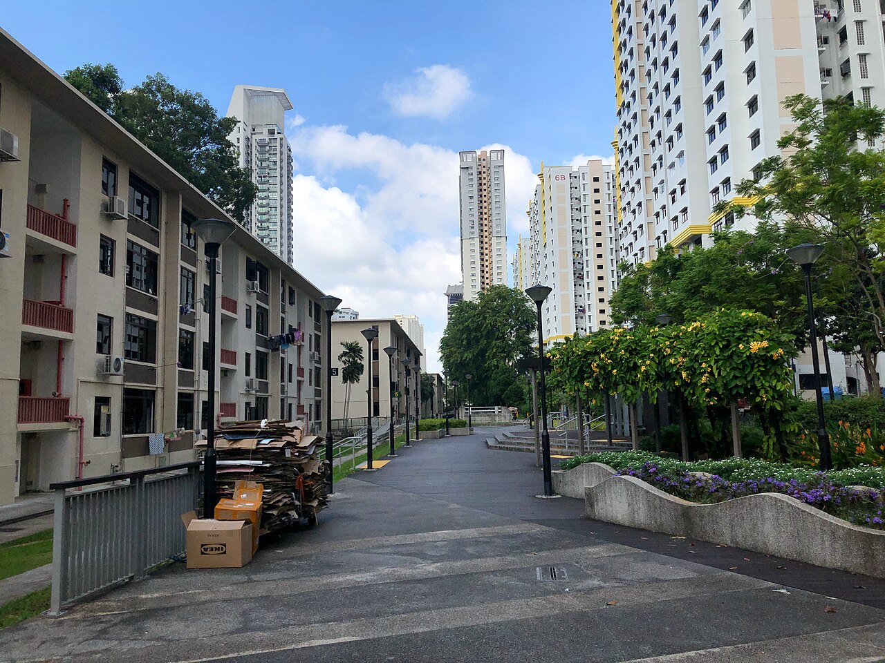 Tree-lined walkway past low-rise heritage SIT flats with newer high-rise towers behind in Tiong Bahru